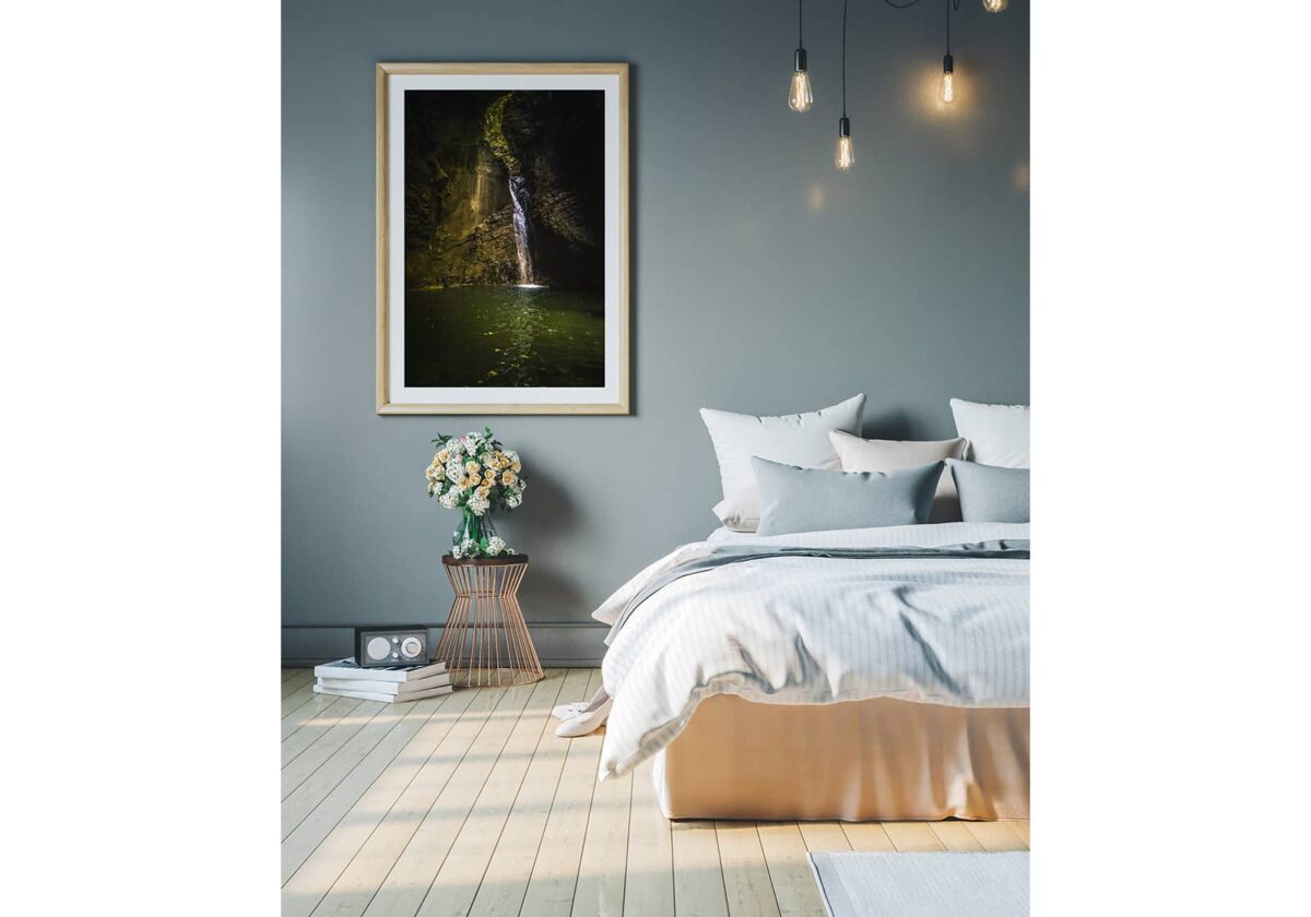 Scenic waterfall in a cave in Slovenia, Framed Picture