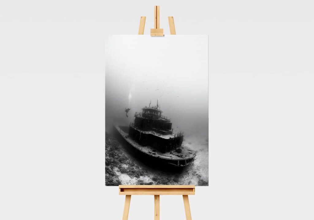 Print of a scuba diver next to a shipwreck underwater in black and white