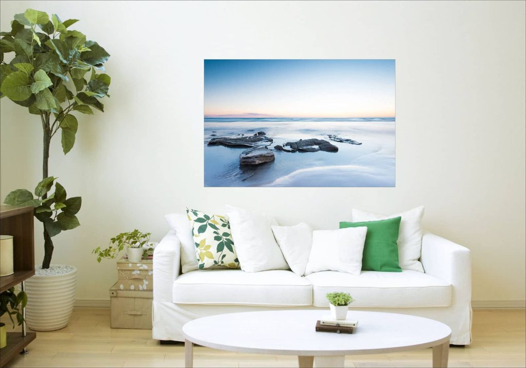Sunset at Cable Beach metal print hanging above the couch