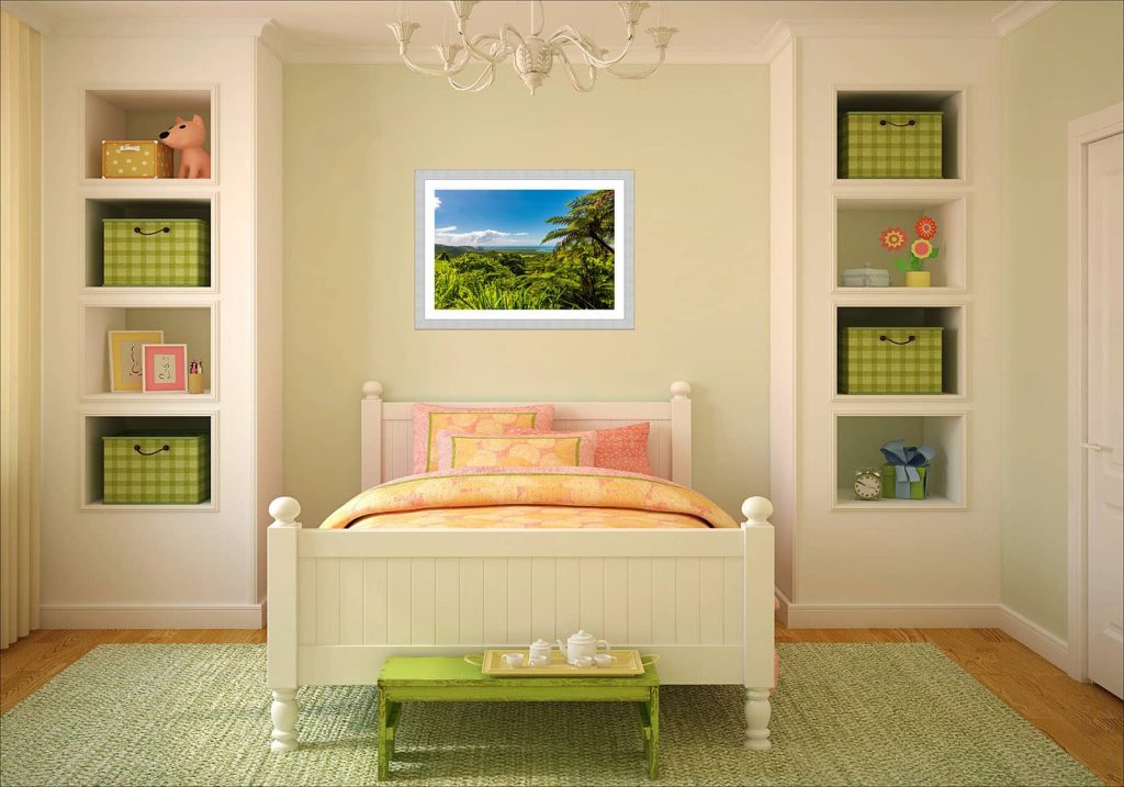Framed photo of the Daintree Rainforest on a bedroom wall