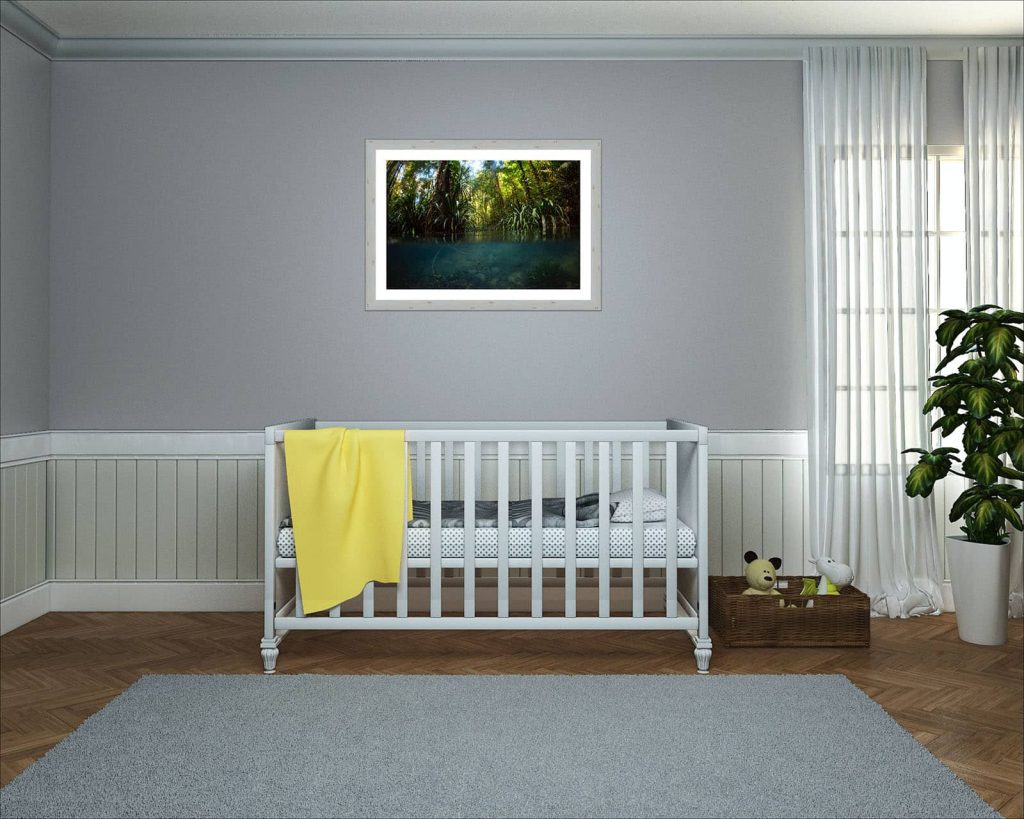 Indonesian rainforest photographic print hanging on a baby room wall