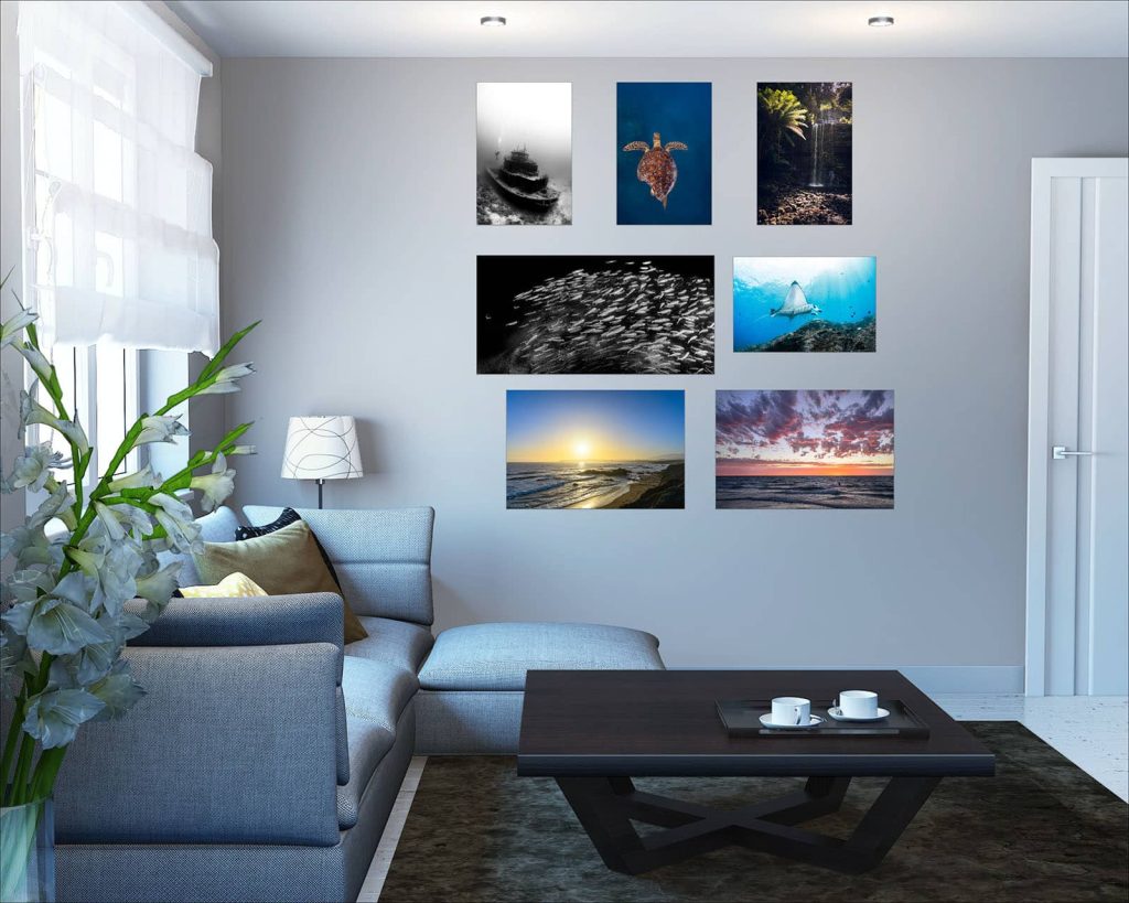 Gallery wall with underwater and landscape photographic prints